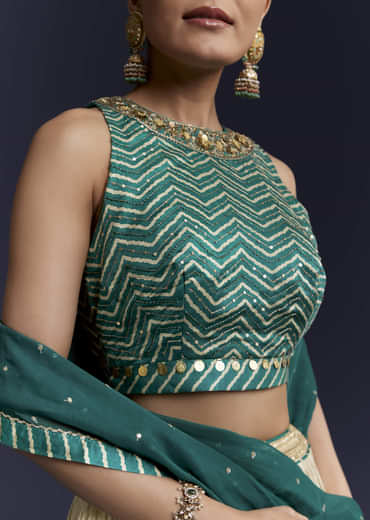 Green Satin Bridesmaid Lehenga With Hand Dyed Chevron Print Choli