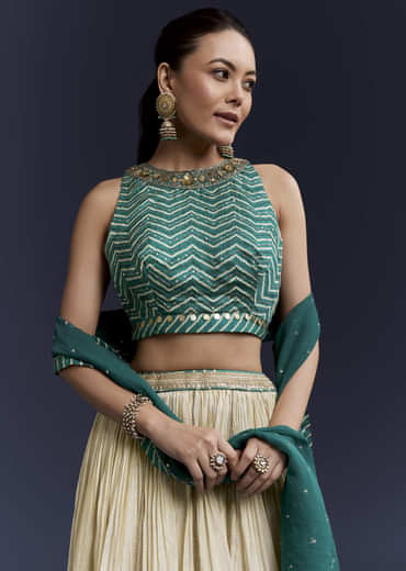 Green Satin Bridesmaid Lehenga With Hand Dyed Chevron Print Choli