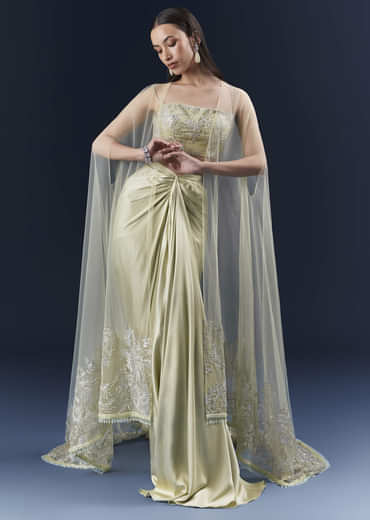 Green Satin Crop Top And Drape Skirt Set With Lace Work