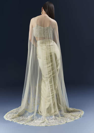 Green Satin Crop Top And Drape Skirt Set With Lace Work