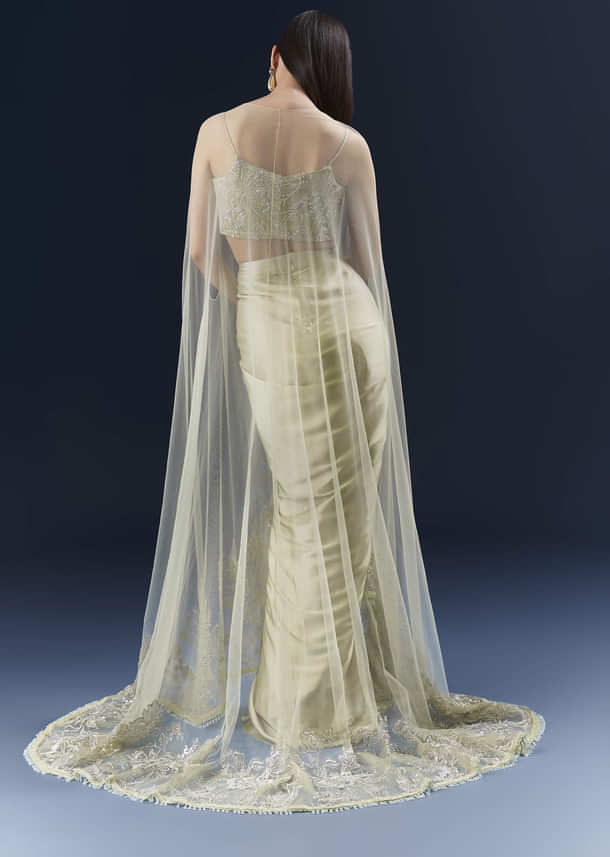 Green Satin Crop Top And Drape Skirt Set With Lace Work