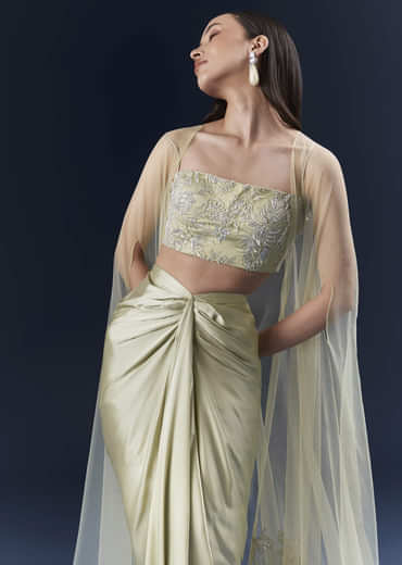 Green Satin Crop Top And Drape Skirt Set With Lace Work