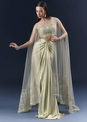Green Satin Crop Top And Drape Skirt Set With Lace Work