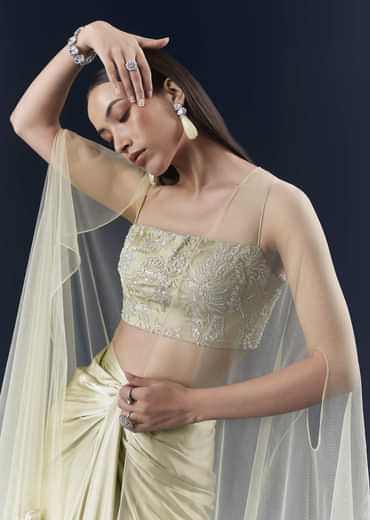 Green Satin Crop Top And Drape Skirt Set With Lace Work