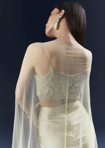 Green Satin Crop Top And Drape Skirt Set With Lace Work