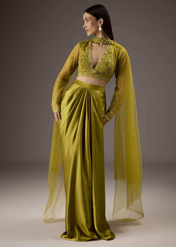 Green Satin Crop Top Skirt With Heavy Embroidery