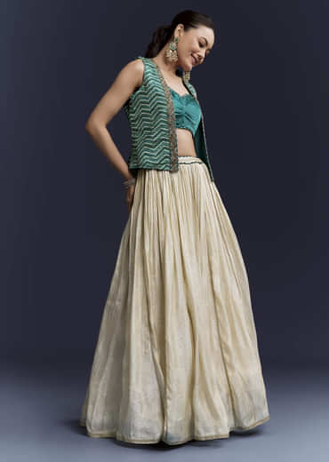 Green Satin Festive Lehenga With Hand Dyed Chevron Print Jacket