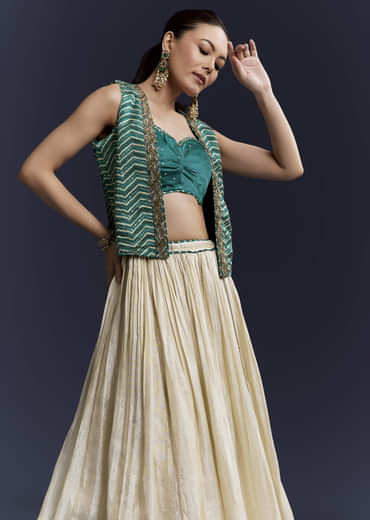 Green Satin Festive Lehenga With Hand Dyed Chevron Print Jacket