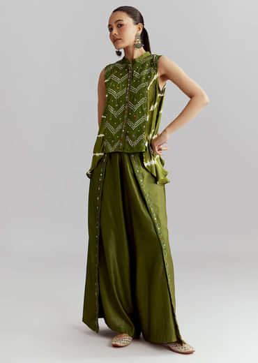 Green Satin Indo Western Set With Bandhani And Leheriya Print