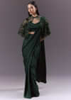 Green Satin Ready Pleated Saree With Embroidery