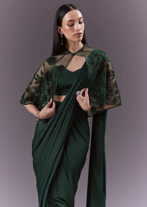 Green Satin Ready Pleated Saree With Embroidery