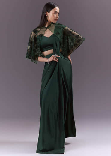 Green Satin Ready Pleated Saree With Embroidery