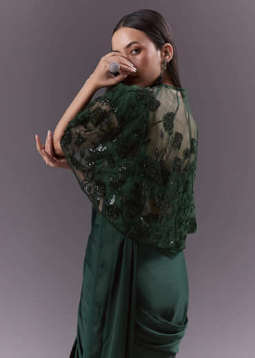 Green Satin Ready Pleated Saree With Embroidery