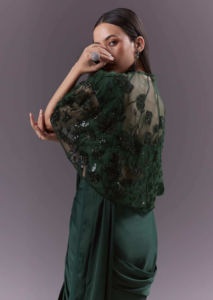 Green Satin Ready Pleated Saree With Embroidery