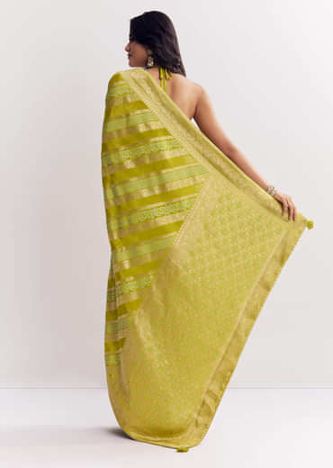 Green Satin Saree With Zari Vine Design