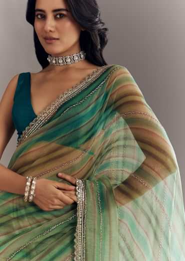 Green Shaded Tissue Saree With Cutwork Scallop Border