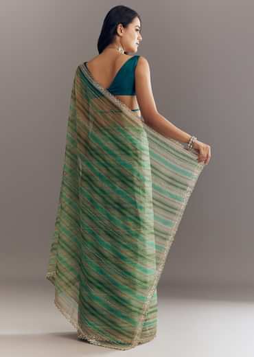 Green Shaded Tissue Saree With Cutwork Scallop Border