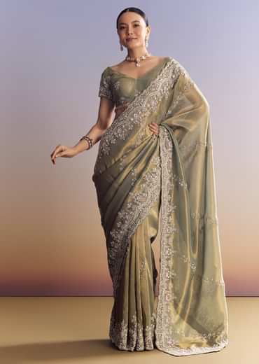 Green Shaded Tissue Saree With Embroidered Borders