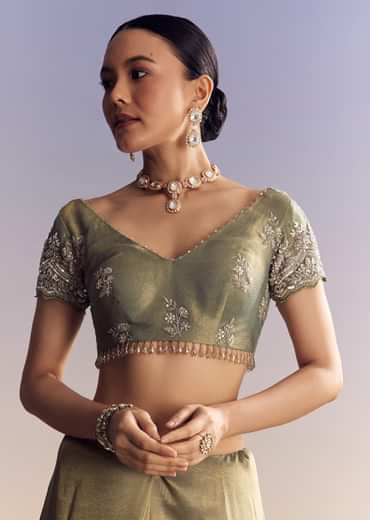 Green Shaded Tissue Saree With Embroidered Borders