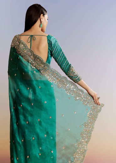 Green Shaded Tissue Saree With Floral Embroidery And Sequins Blouse