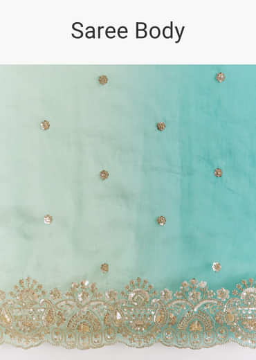 Green Shaded Tissue Saree With Floral Embroidery And Sequins Blouse