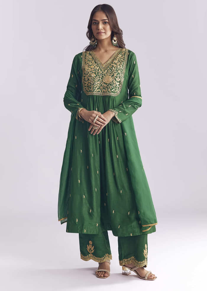 Green Silk Anarkali Suit With Zari Thread Work