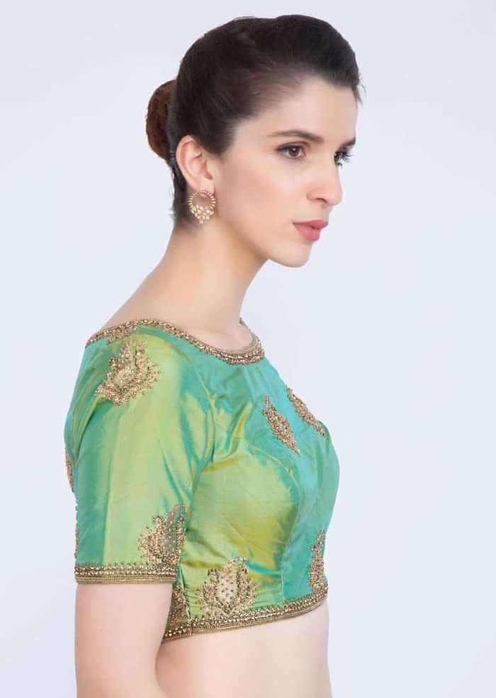 Green Silk Blouse With Embroidered Border And Paisley Butti Online - Kalki Fashion