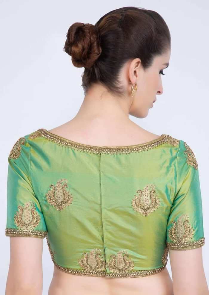 Green Silk Blouse With Embroidered Border And Paisley Butti Online - Kalki Fashion