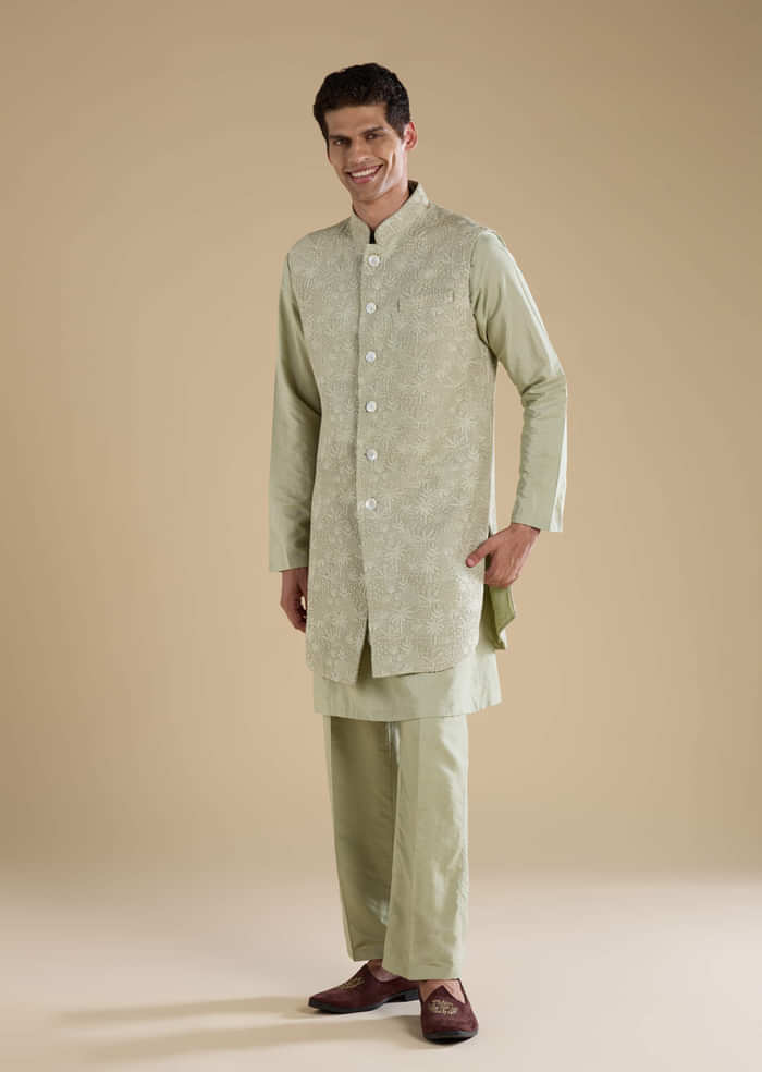 Green Silk Jacket Kurta Set with Thread Work