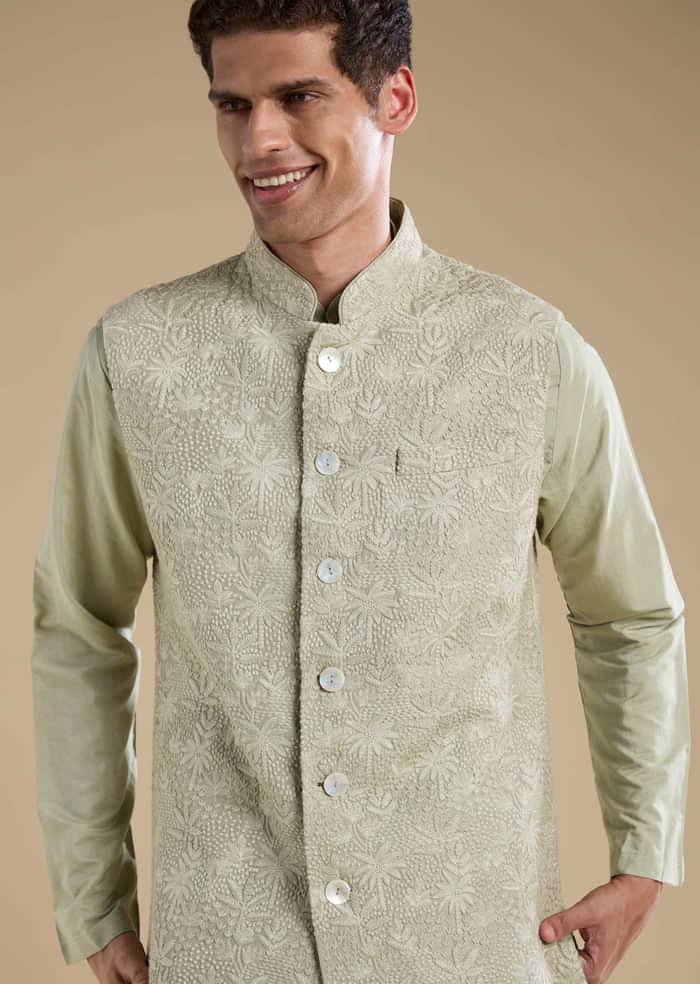 Green Silk Jacket Kurta Set with Thread Work