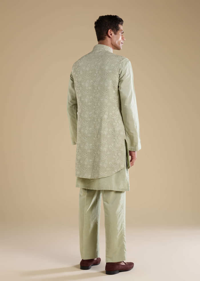 Green Silk Jacket Kurta Set with Thread Work
