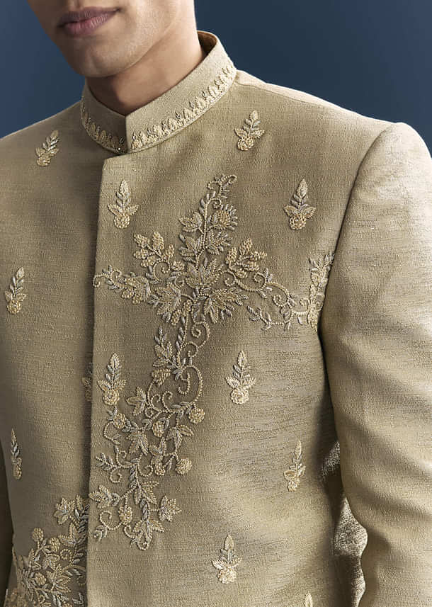Green Silk Jodhpuri Suit For Men With Hand Embroidery Green Silk Jodhpuri Suit For Men With Hand Embroidery
