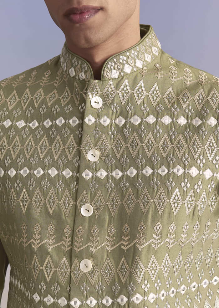 Green Silk Kurta Jacket Set For Men With Intricate Hand Embroidery
