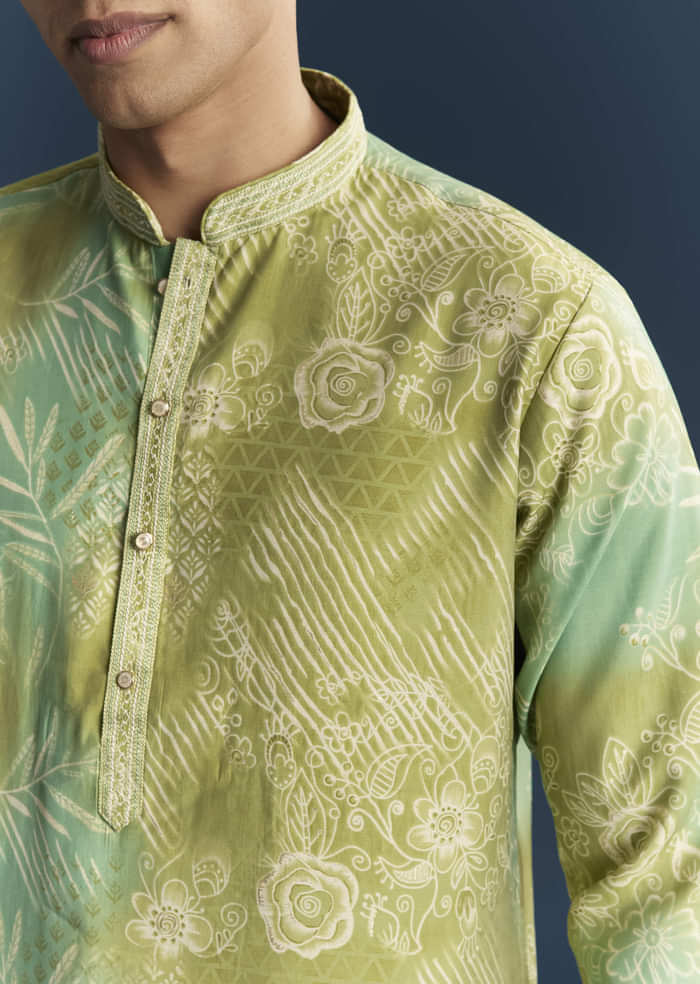 Green Silk Kurta Set For Men With Floral And Abstract Print