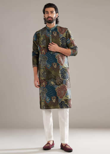 Green Silk Kurta Set For Men With Floral And Foil Print