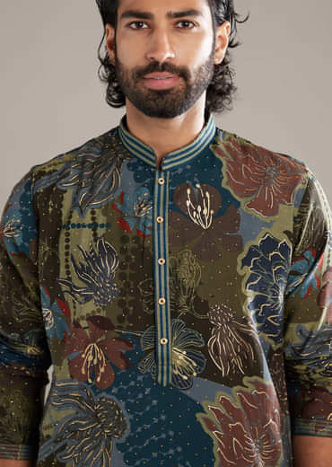 Green Silk Kurta Set For Men With Floral And Foil Print