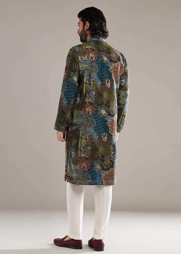 Green Silk Kurta Set For Men With Floral And Foil Print