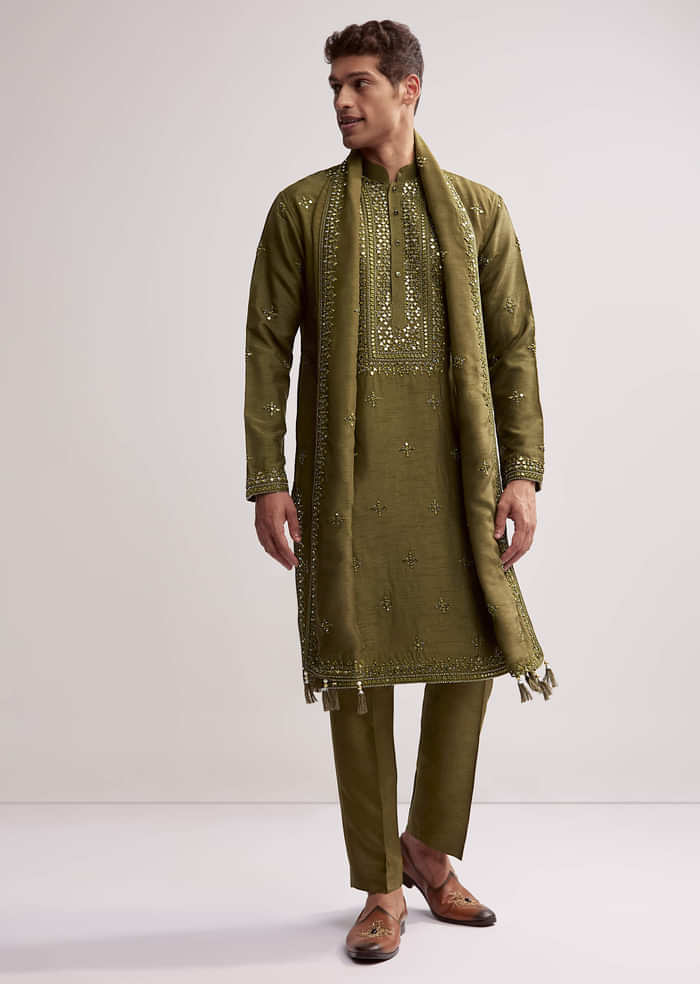 Green Silk Kurta Set For Men With Hand Embroidery