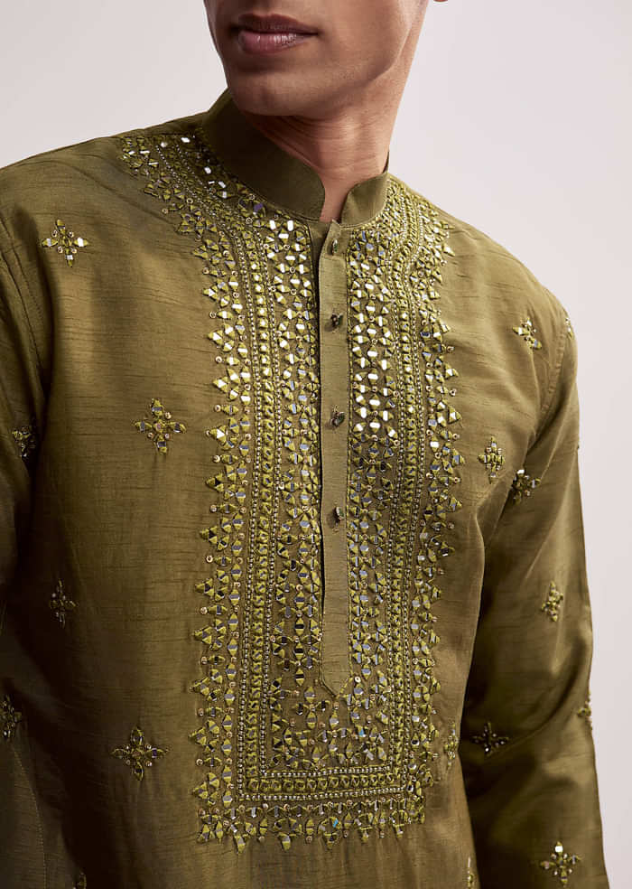 Green Silk Kurta Set For Men With Hand Embroidery