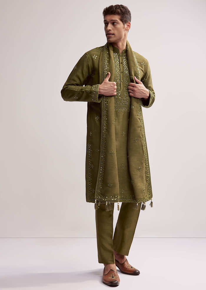 Green Silk Kurta Set For Men With Hand Embroidery