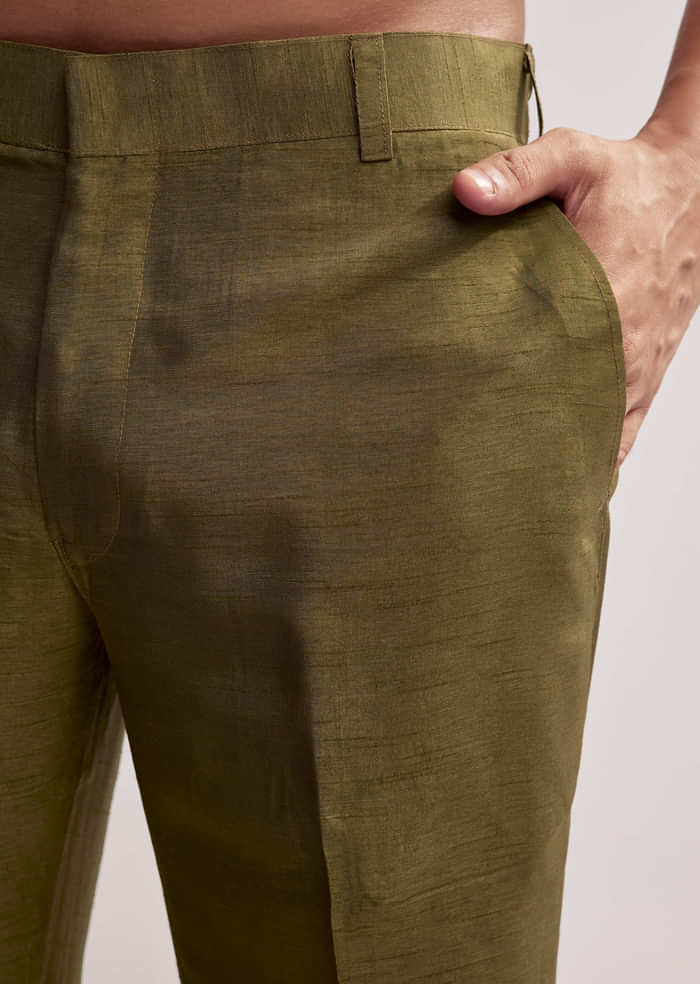 Green Silk Kurta Set For Men With Hand Embroidery