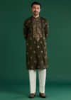 Green Silk Kurta Set For Men With Resham Hand Embroidery