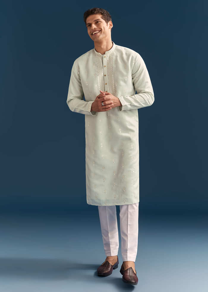 Green Silk Kurta Set For Men With Thread And Mirror Embroidery