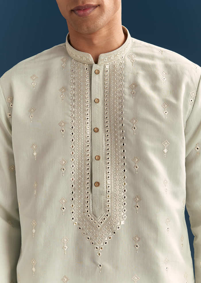 Green Silk Kurta Set For Men With Thread And Mirror Embroidery