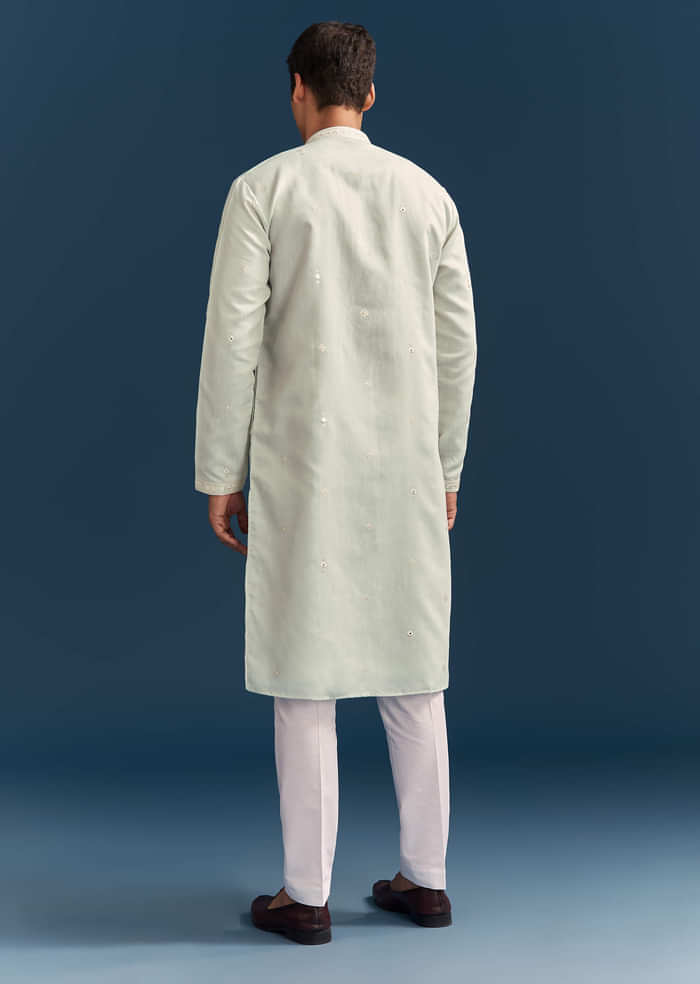 Green Silk Kurta Set For Men With Thread And Mirror Embroidery