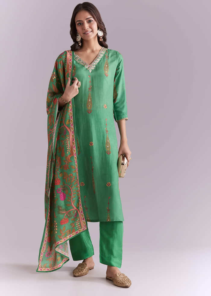 Green Silk Kurta Set With Indie Print And Gota Work