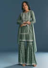 Green Silk Kurta Set With Moti And Cutdana Sharara