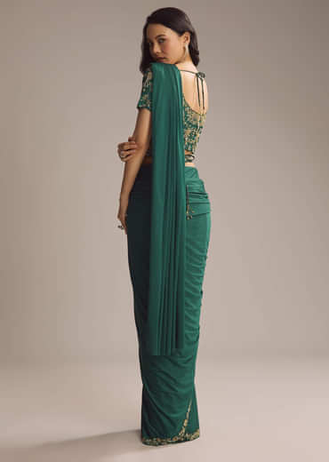 Green Silk Ready Pleated Saree With Cutdana Work