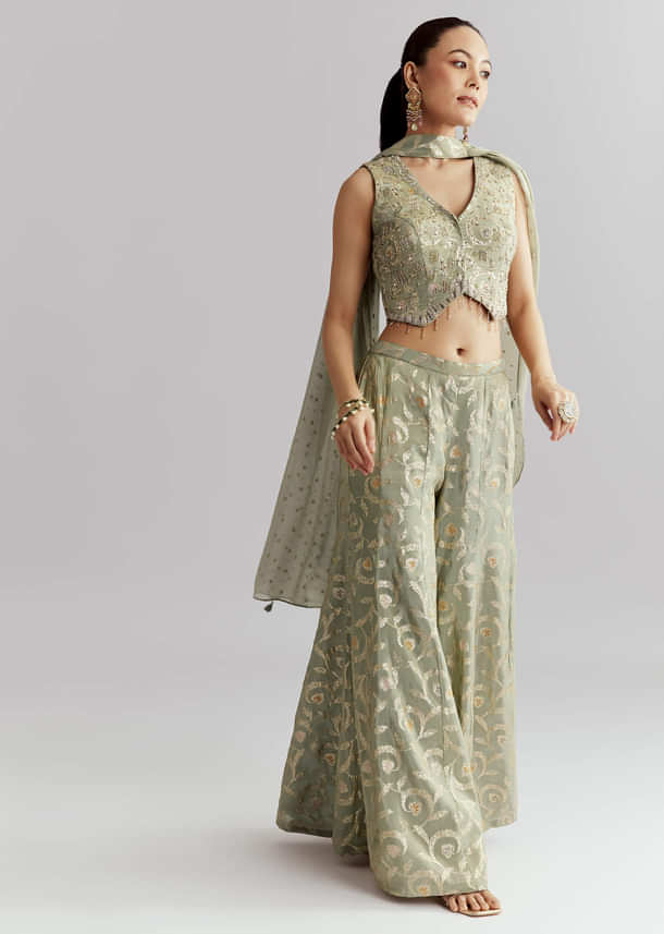Green Tissue Crop Top And Palazzo Pant Set With Embroidery Green Tissue Crop Top And Palazzo Pant Set With Embroidery