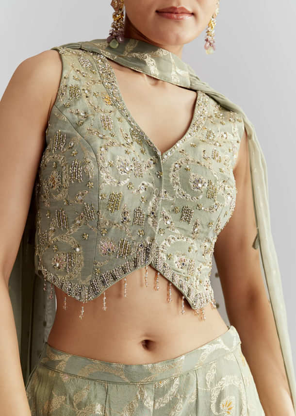 Green Tissue Crop Top And Palazzo Pant Set With Embroidery Green Tissue Crop Top And Palazzo Pant Set With Embroidery